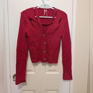 Anthropologie Red Button-Up Knit Cardigan S Bohemian Retro 90s Hippie Heart